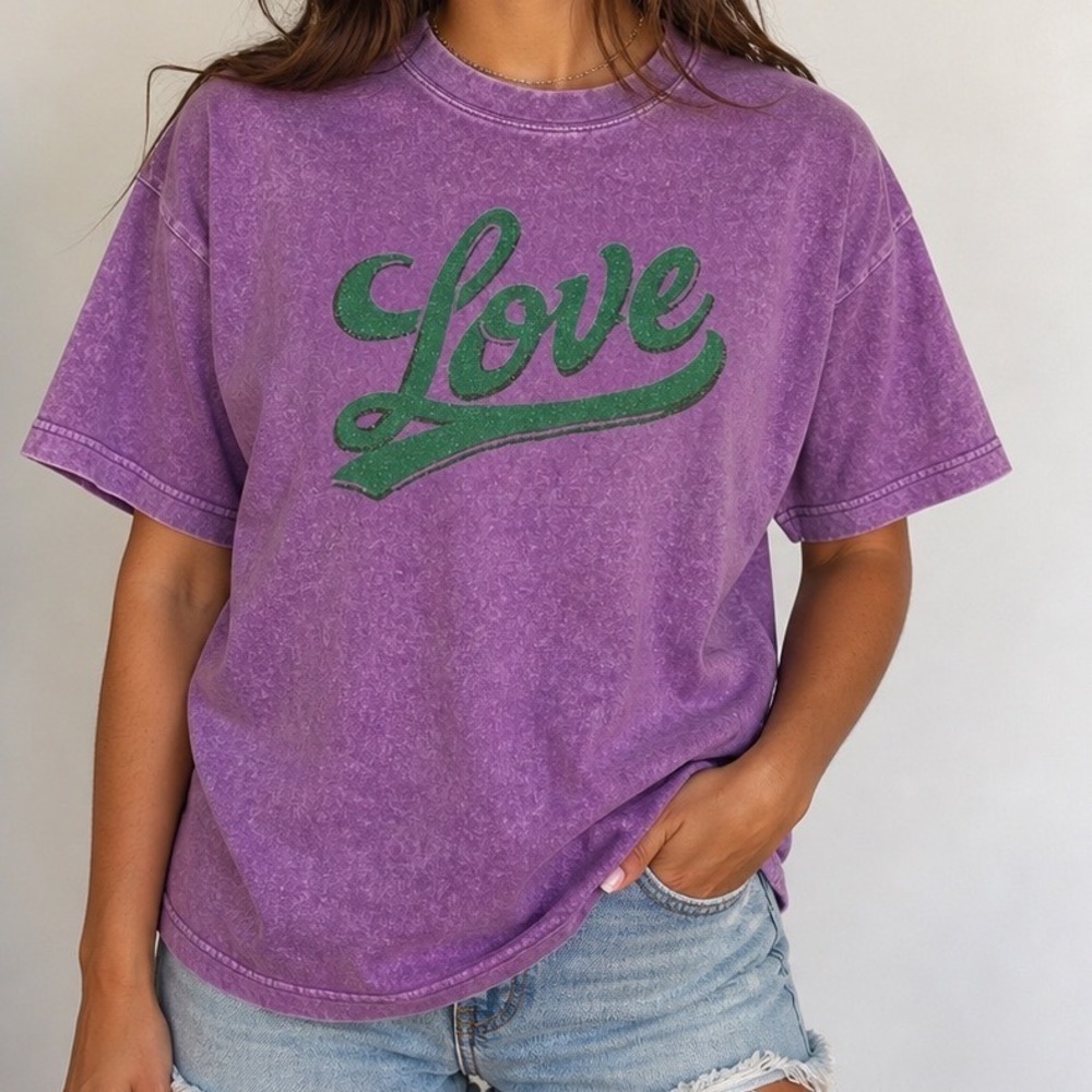Purple Mineral Wash Love‎ Graphic Glitter T-Shirt Small Short Sleeve